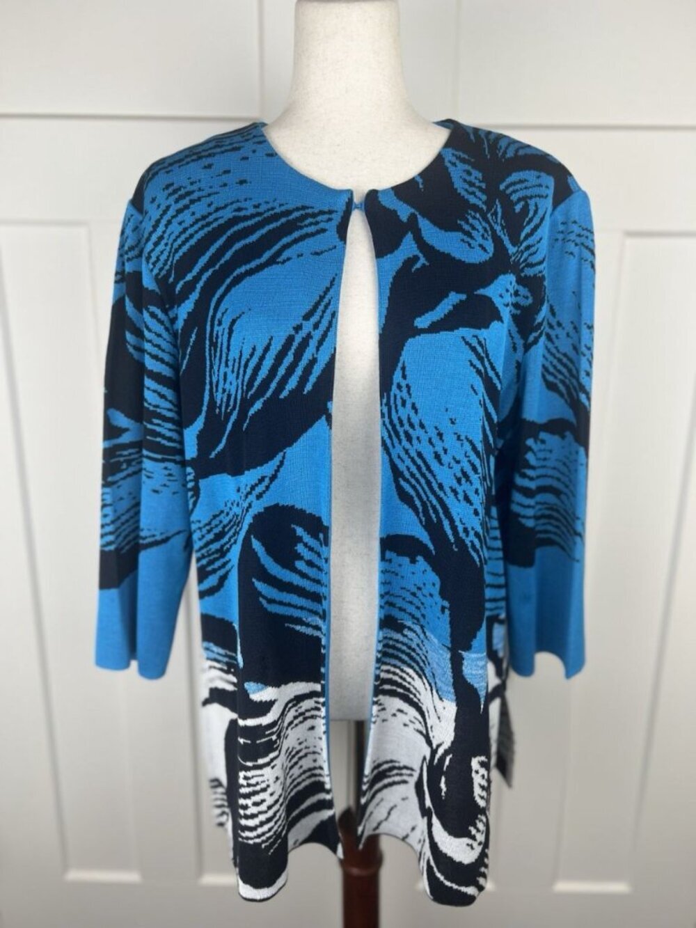 Ming Wang Knit Jacket XL Blue Black Abstract Swirl Open Front 3/4 Sleeve Career